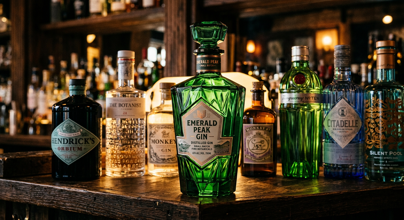 Angular premium spirits bottle on a back-bar shelf among competitor gin brands