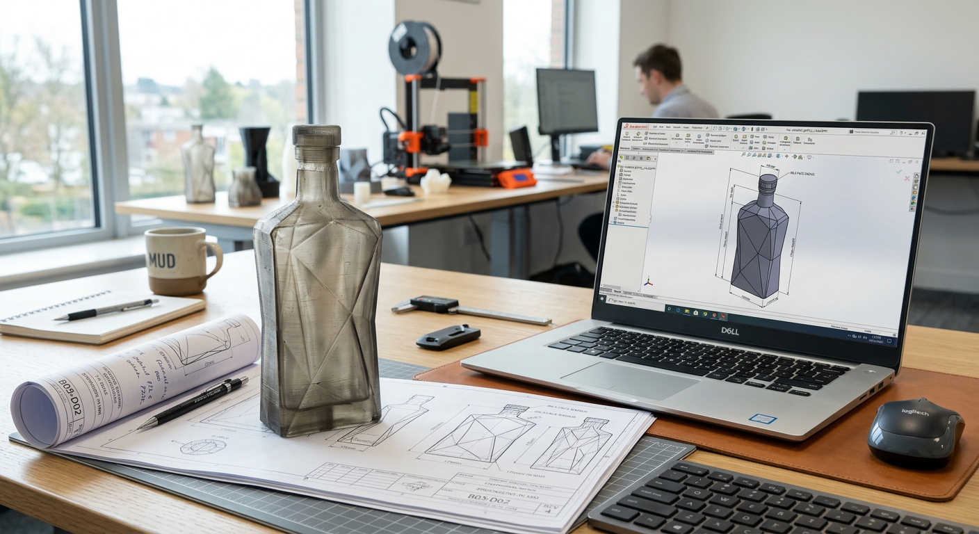 3D-printed resin bottle prototype next to technical engineering drawings on a desk