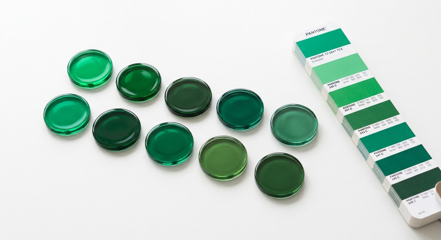 Emerald-green glass color sample discs with Pantone swatch for custom bottle color matching