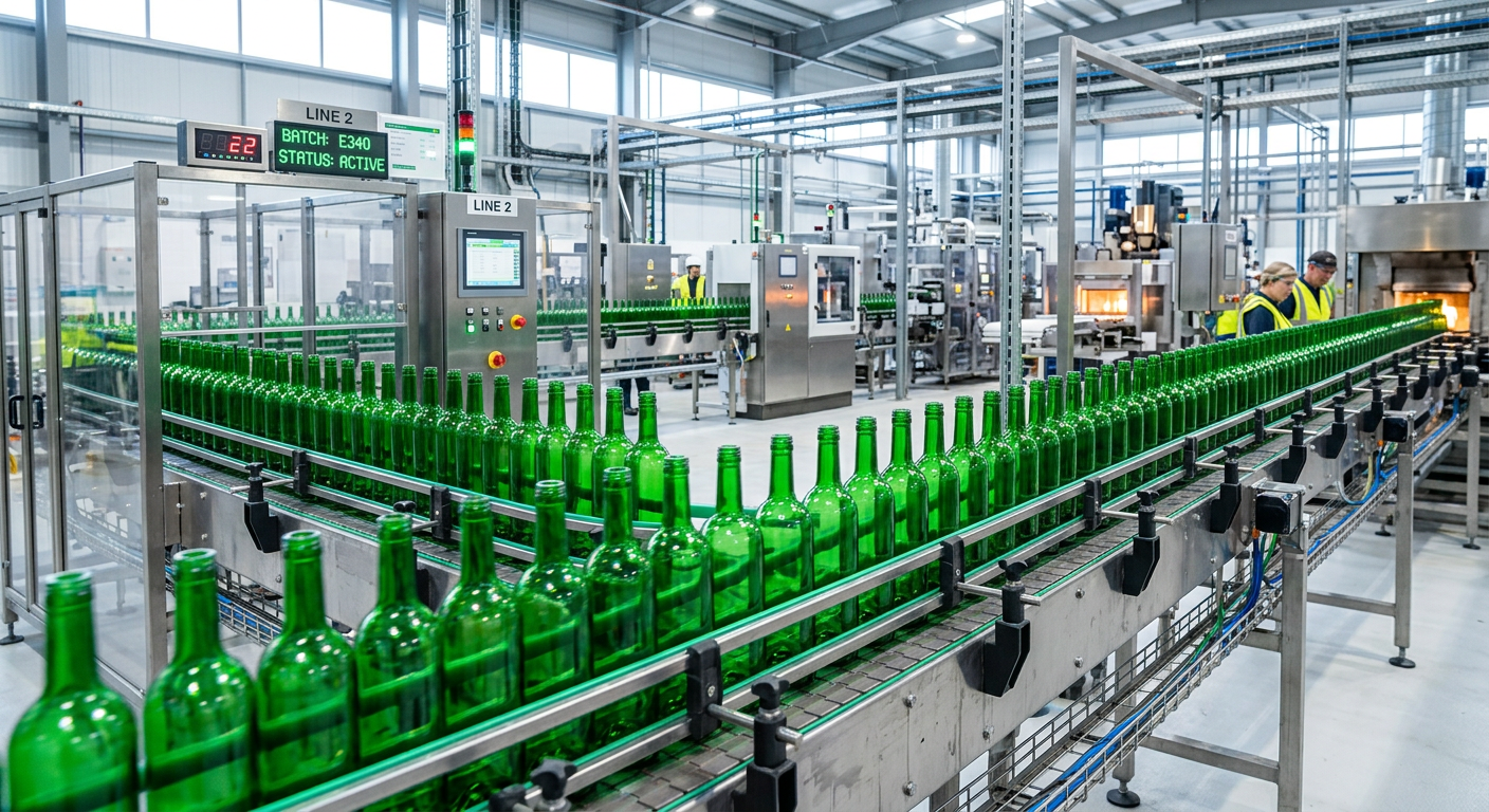 Green glass spirits bottles on automated production line conveyor in Packafill factory