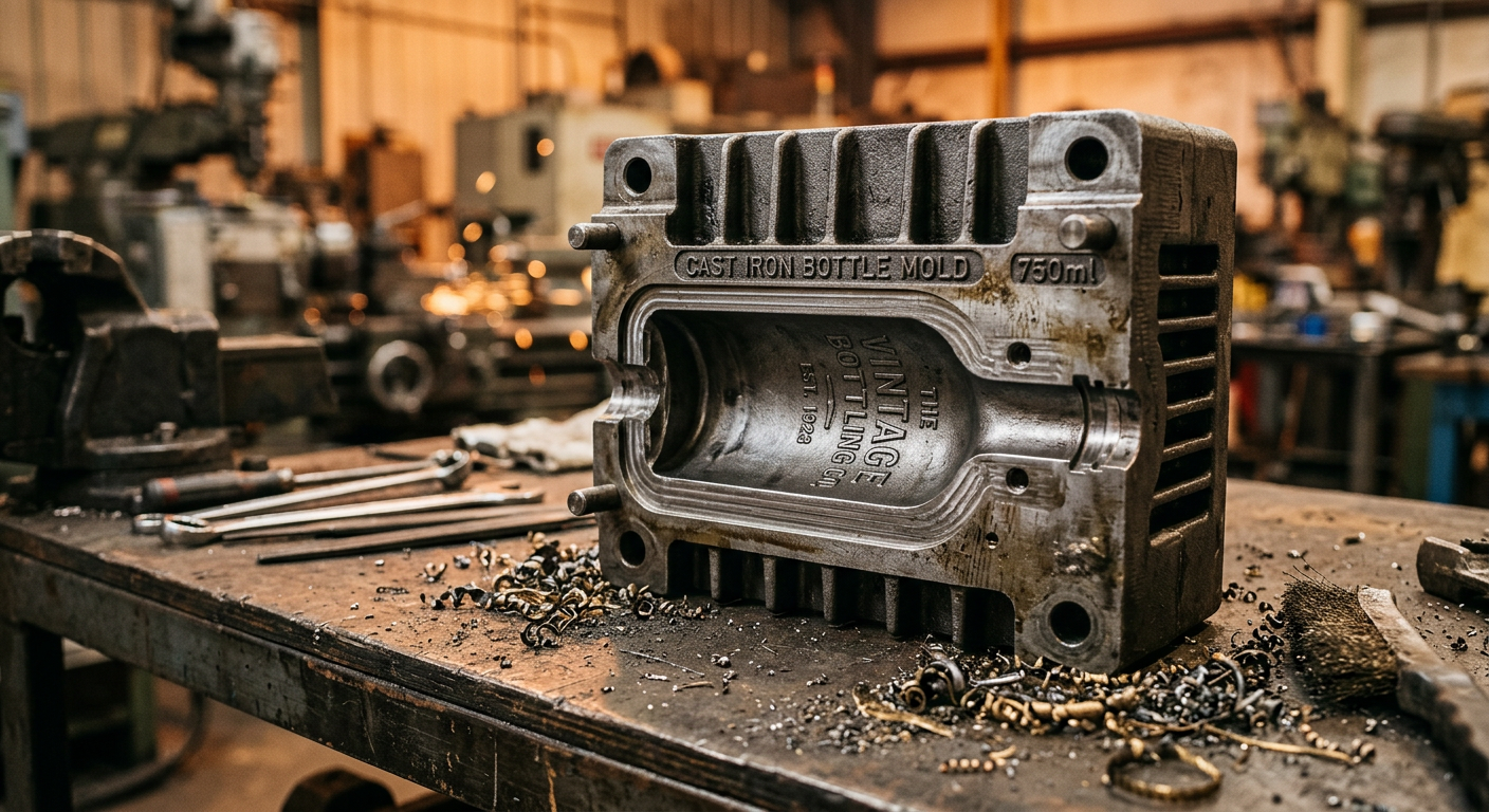 CNC-machined cast iron glass bottle mold on factory workbench