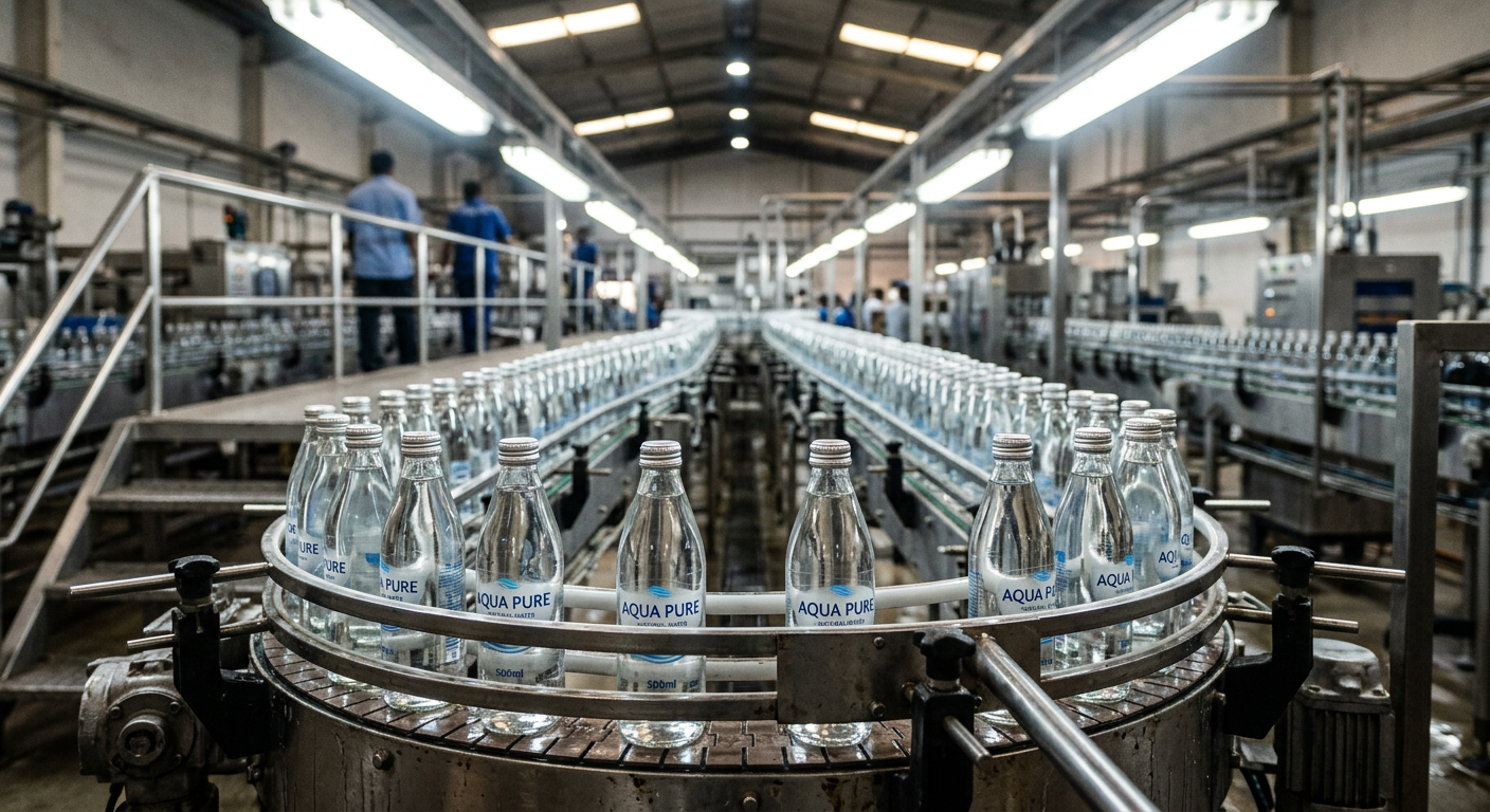 Rows of identical clear glass bottles on a production conveyor belt