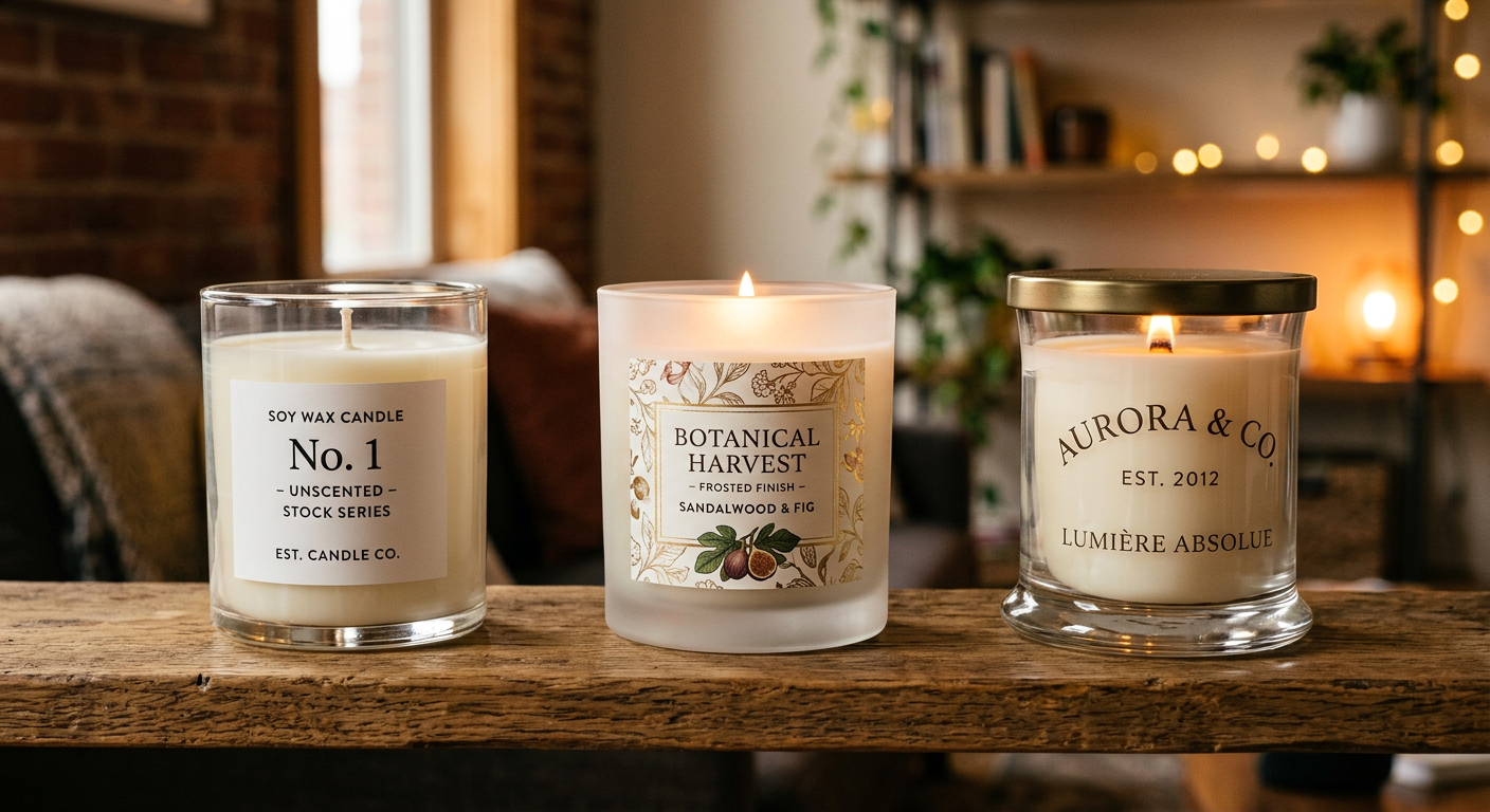 Progression of glass candle jars from stock to custom private mold design